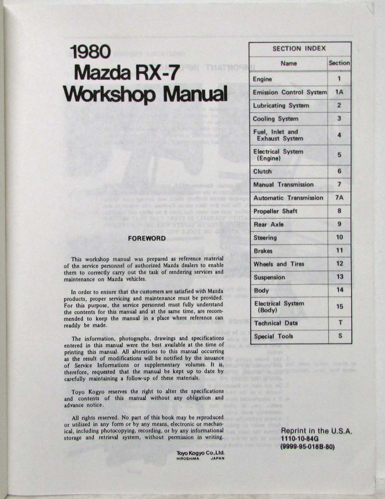 1980 Mazda RX7 Service Shop Repair Manual REPRINT