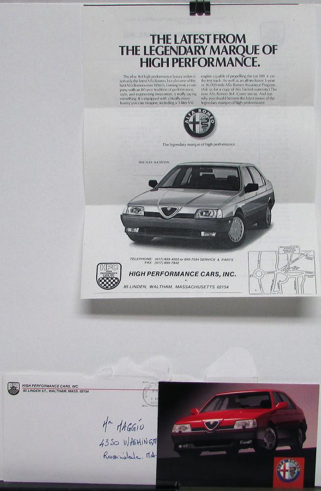 1991 Alfa Romeo 164 Postcard Cover Letter Envelope Original
