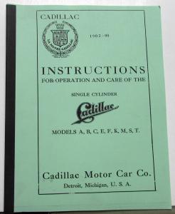 1902-1908 Cadillac Single Cylinder Owners Manual Models A B C E F K M S T Repro