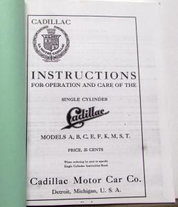 1902-1908 Cadillac Single Cylinder Owners Manual Models A B C E F K M S T Repro