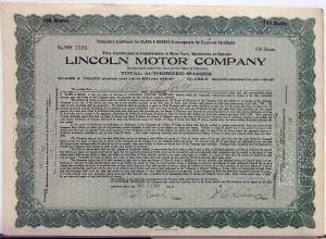 1921 Lincoln Motor Co Stock Certificate TNY 2358 Notarized Original Memorabilia