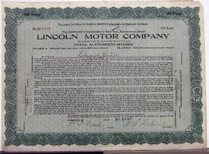 1921 Lincoln Motor Co Stock Certificate TD 1030 Notarized Original Memorabilia