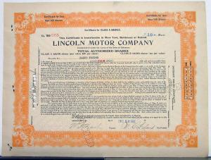 1921 Lincoln Motor Co Stock Certificate TDO 6955 Notarized Original Memorabilia