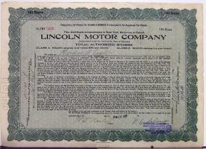 1922 Lincoln Motor Co Stock Certificate TNY 2435 Notarized Original Memorabilia