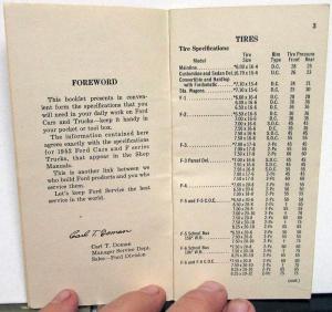 1952 Ford Service Specifications Passenger Cars F Series Trucks Dealer Book