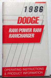 1986 Dodge Truck Owners Manual D100-350 2 & 4 WD Pickup Including Ramcharger