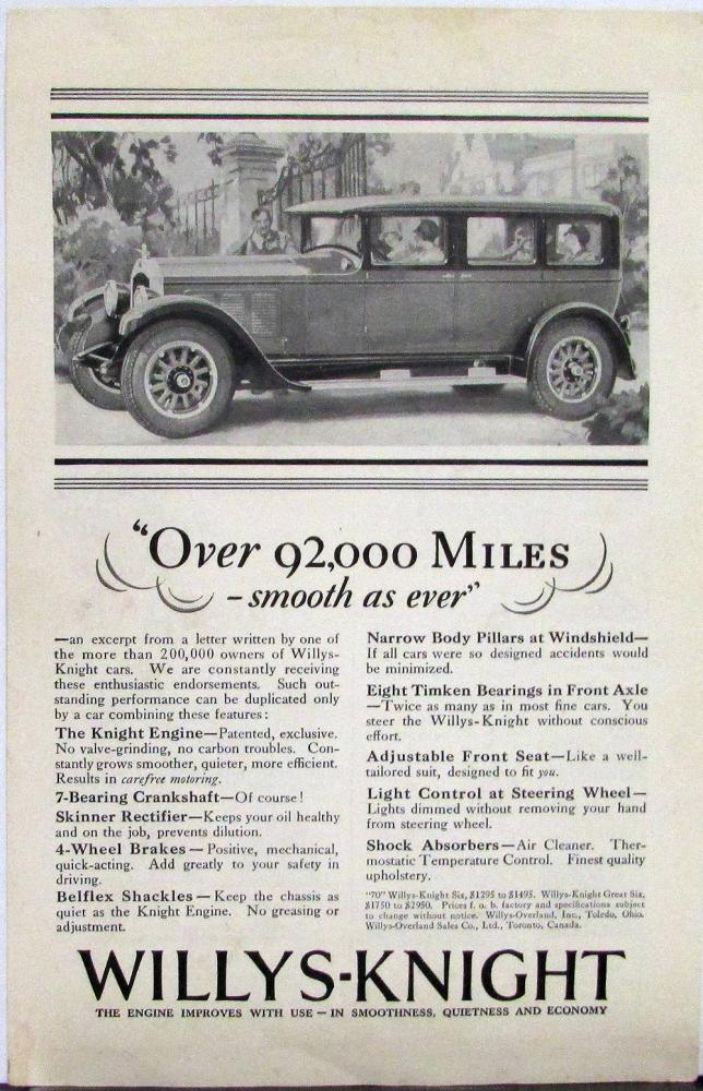 1926 Willys Knight 70 Six Magazine AD Original Page