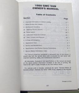 1988 GMC Truck G Van Models Owners Manual Vandura Care & Op Instructions