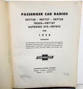 1958 Chevrolet Dealer Radio & Autronic Eye Service Shop Manual Repair Car Truck