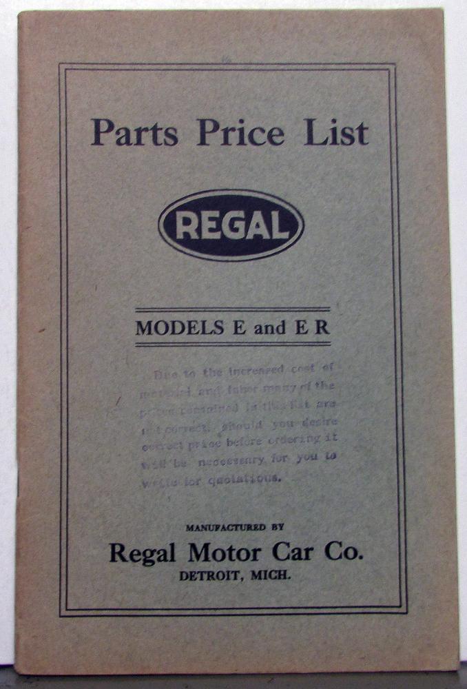 1916 Regal Motor Car Co Dealer Parts Price List Book Models E & ER Original