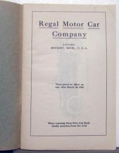 1916 Regal Motor Car Co Dealer Parts Price List Book Models E & ER Original