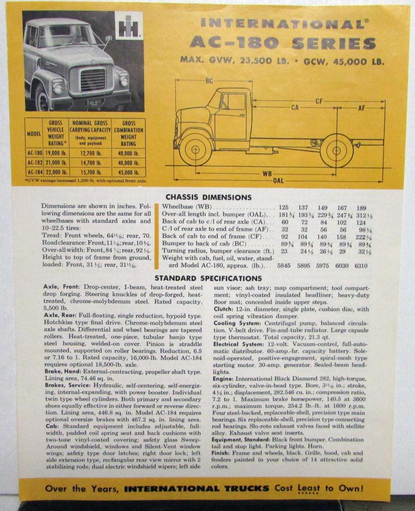 1957 International Trucks IHC AC 180 Series Spec Sheet Dimensions Original