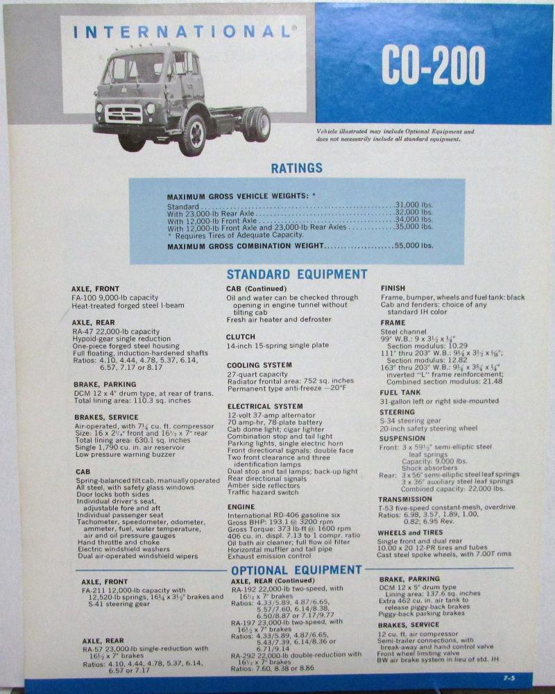 1971 International Trucks IHC C0 200 Spec Sheet Original