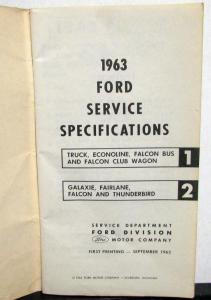 1963 Ford Service Specifications Pass Car Thunderbird Falcon F Series Trucks