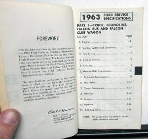 1963 Ford Service Specifications Pass Car Thunderbird Falcon F Series Trucks