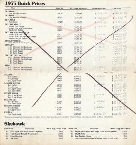 1975 Buick Dealer Price Directory Salesmens Reference Options & Prices Booklet