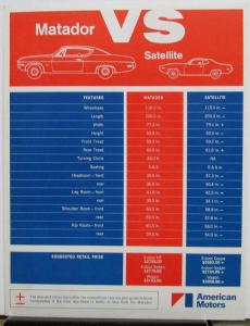 1971 AMC Matador Vs Plymouth Satellite Dealer Salesman Comparison Sheet Original