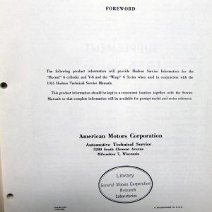 1956 AMC Hudson Hornet 6 & 8 Wasp 6 Models Service Shop Repair Manual Supplement