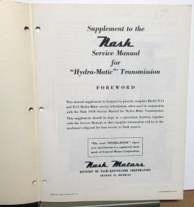 1951 Nash Dealer Service Shop Manual Supplement For Hydra-Matic Transmission