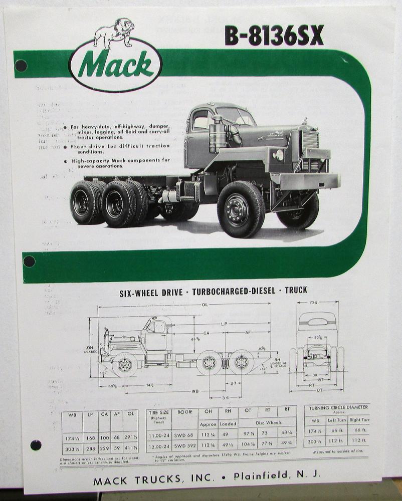 1963 Mack Trucks Model B8136SX Dimensions Specification Sheet Sale