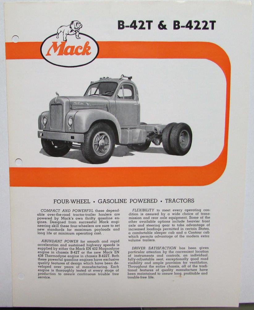 1961 Mack Trucks Model B 42T B 422T Diagram Dimensions Sales Brochure Original