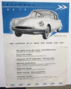 1956 Citroen DS 19 Dealer Sales Data Sheet Features Specifications Original