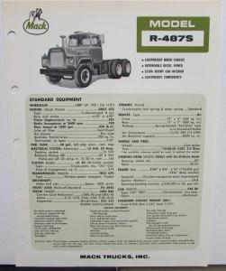 1969 Mack Trucks Model R 487S Diagrams Dimensions Specifications Sheet Orihginal