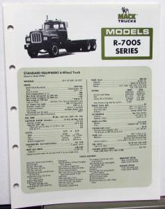 1978 Mack Trucks Model R 700S Specifications Sales Brochure Original