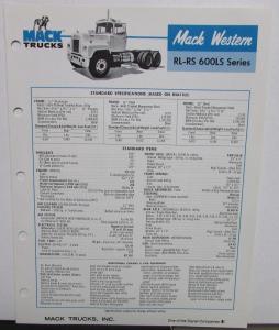 1977 Mack Western Trucks Model RL RS 600LS Series Sales Brochure Original