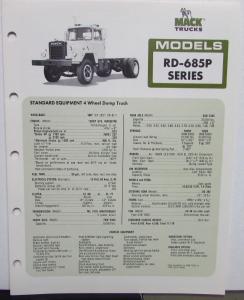 1977 Mack Trucks Model RD 685P Diagram Dimensions Sales Brochure Original