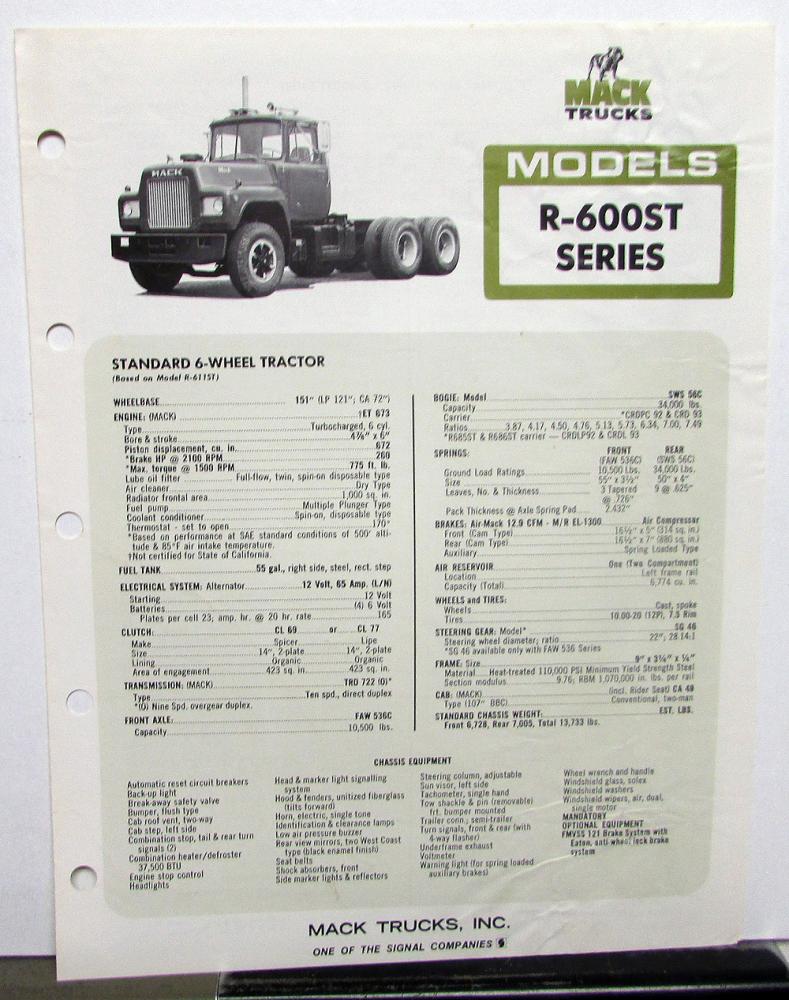 1976 Mack Truck Model R 600ST Diagrams Dimensions Sales Brochure Original