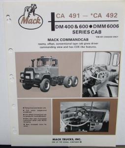 1973 Mack Trucks CA 491 CA 492 DM 400 600 DMM 6006 Specs Sales Brcohure Orignal