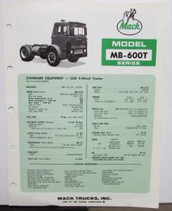 1972 Mack Trucks Model MB 600T Dimensions Diagrams Sales Brochure Original