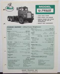 1972 Mack Trucks Model U 795LST Diagrams Dimensions Specification Sheet Original
