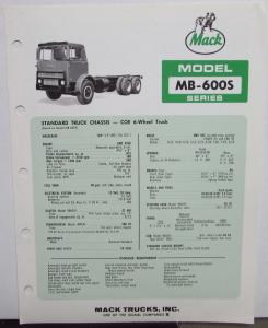 1972 Mack Trucks Model MB 600S Diagrams Dimensions Sales Brochure Original