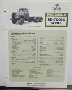 1972 Mack Truck Model RD 700SX Series Diagrams Dimensions Sale Brochure Original