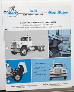 1971 Mack Western Trucks Model CA 114 RL RS Sereis Cab Sales Sheet Original