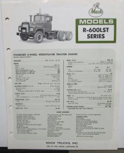 1970 Mack Trucks Model R 600LST Diagrams Dimensions Sales Brochure Original