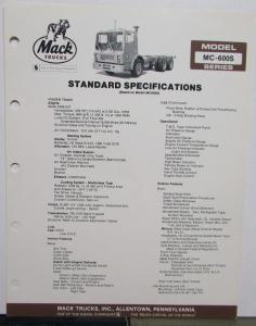 1982 Mack Trucks Model MC 600S Diagrams Dimensions Sales Brochure Original