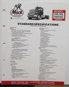 1983 Mack Model RWL700L RWS 700L Diagrams Specifications Sheet Original