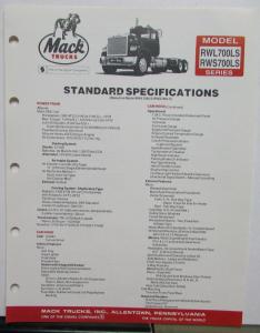 1983 Mack Model RWL 700LS RWS700LS Diagrams Dimensions Specifications Sheet Orig