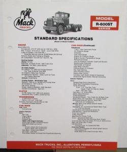 1984 Mack Trucks Model R 600ST Diagrams Dimensions Specifications Sheet Original