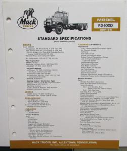 1984 Mack Trcuks Model RD 600SX Diagrams Dimensions Specifications Sheet Orig