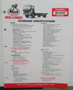 1984 Mack Trucks Model MS 200P Diagrams Dimensions Specifications Sheet Original