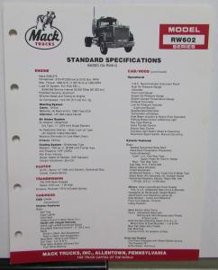 1985 Mack Trucks Model RW602 Diagrams Dimensions Specifications Sheet Original