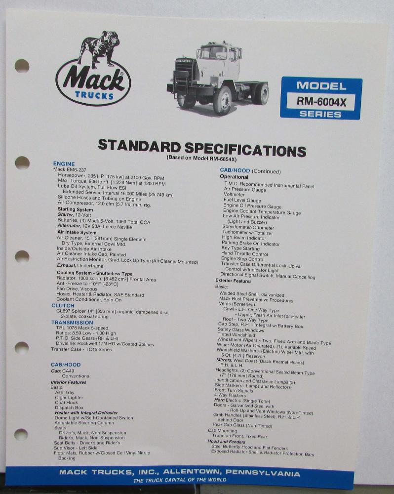 1985 Mack Trucks Model RM 6004X Diagrams Dimensions Specifications ...