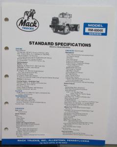 1985 Mack Trucks Model RM 6004X Diagrams Dimensions Specifications Sheet Orig