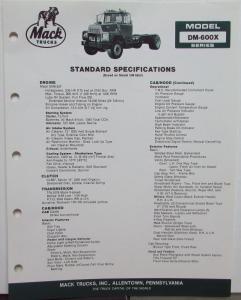 1985 Mack Trucks Model DM 600X Diagrams Dimensions Specification Sheet Original