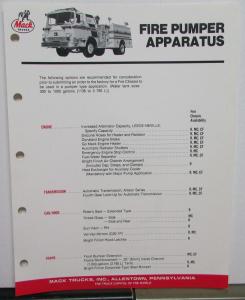 1985 Mack Trucks Fire Pumper Apparatus Specification Sheet Original
