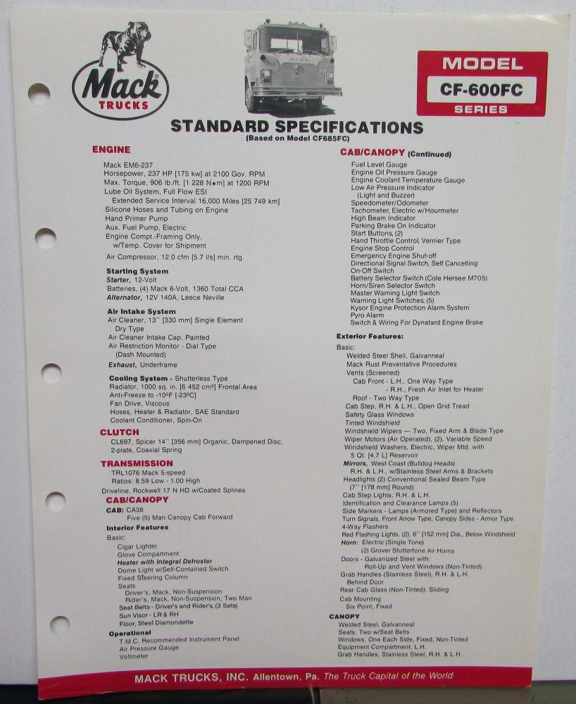 1985 Mack Trucks Model CF-600FC Diagram Dimensions Specification Sheet Original